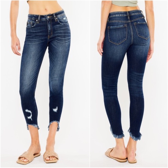 031 Kancan Dark Wash Distressed Raw Hem Skinny Denim Jeans - Picture 3 of 6